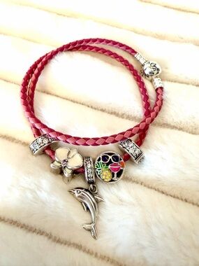 Pandora Pink Braided Double Wrap Bracelet with Charms